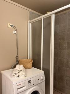 a washer and dryer in a bathroom with a shower at Bright and centrally studio with Oceanview in Kristiansand