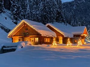 圣卡特琳娜瓦尔夫Alpine Chalet的雪中带圣诞灯的小木屋