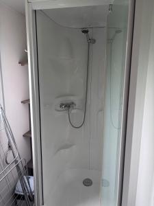 a shower in a bathroom with a glass door at Mobil-home climatisé 4 pers in Roquefeuil +7 photos