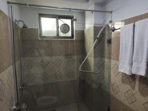 a bathroom with a glass shower with a window at Osma Living Apartment Peshawar in Peshawar