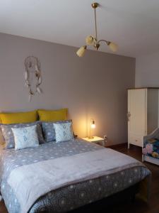 ein Schlafzimmer mit einem Bett und einem Deckenventilator in der Unterkunft La Valériane in Moyeuvre-Grande