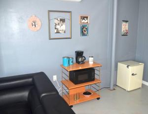 a living room with a couch and a tv on a table at The Studio at Stardust Retreat in Coleman
