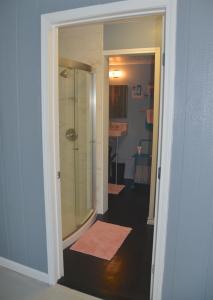 a bathroom with a walk in shower and a glass door at The Studio at Stardust Retreat in Coleman +8 photos