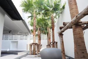 a row of palm trees in a room with a chair at UTD8 Hotel and Residence in Bangkok