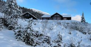 een hut in de sneeuw met bomen ervoor bij Modern cabin with panoramic view, sauna and fire pit in Espedalen