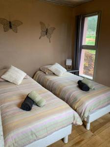 - 2 lits dans une chambre avec des papillons sur le mur dans l'établissement Mas Héritage, 1455 route de Balbiac, à Rosières