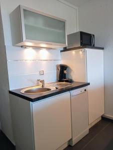 a small kitchen with a sink and a refrigerator at studio à 100m de la plage et de la piscine in Cervione +16 photos