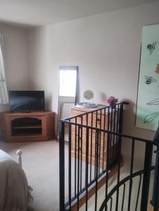a living room with a crib and a television at Peaceful 1 Bed Self-Contained Property with Parking in Wivenhoe