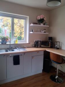 a kitchen with a counter and a sink and a window at Peaceful 1 Bed Self-Contained Property with Parking in Wivenhoe