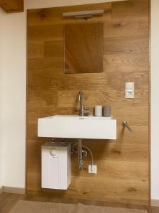 a bathroom with a sink and a wooden wall at Haus Renard in Rodund