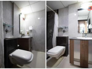 - deux photos d'une salle de bains avec toilettes et lavabo dans l'établissement Hotel O Rajdhani, à Mangalore