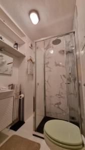 a bathroom with a shower with a green toilet at Bergamo Central Living in Bergamo +21 photos