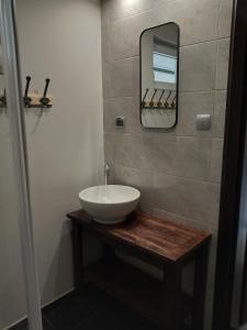 een badkamer met een witte wastafel en een spiegel bij Hotelik nad jeziorem w Łasinie in Łasin