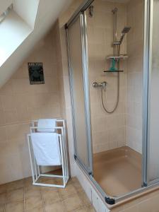 a bathroom with a shower with a chair in it at Cozy apartment in Harsum near Hildesheim in Harsum