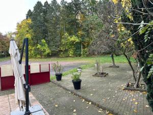 a patio with an umbrella and potted plants at Motel Zur Festwiese in Gierstädt +37 photos