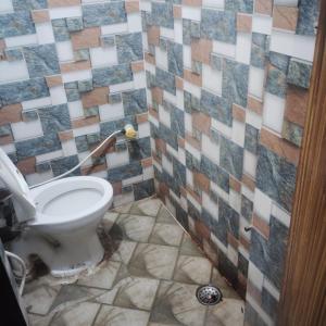マトゥラーにあるGaurangi Mathura dharamshalaのトイレとタイル張りの壁があるバスルーム