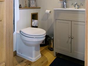 a bathroom with a white toilet and a sink at Lillie's Shepherds Hut at Shepherds Lodge Retreat and Wellness in Nottingham