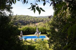 a swimming pool in a garden with umbrellas at Can Sisó, Alojamiento por habitaciones in Crespiá