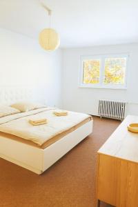 a white bedroom with a large bed and a window at Apartmán MONTARA 23 in Donovaly