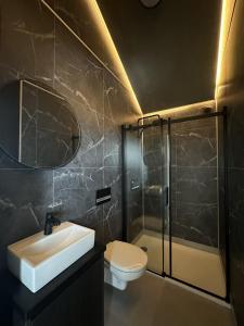 a bathroom with a toilet and a sink and a shower at LL Properties - Aurora Lodges in Grímsnes og Grafningshreppur +45 photos