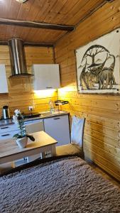 a kitchen with a table and a sink in a room at Domek Serce Krynicy in Krynica Morska