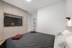 a bedroom with a bed and a flat screen tv at LAM Cream Old Town Balcony & AC in Bratislava +10 photos