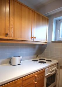 a kitchen with wooden cabinets and a stove top oven at Panoramablick vom Rodenberg in Rodenberg