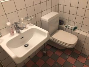a bathroom with a white sink and a toilet at Wonderful apartment in the historic center in Bellinzona +12 photos