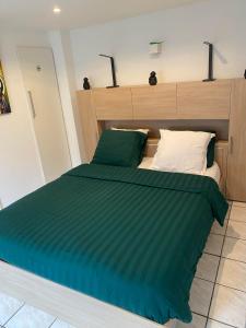Bett mit grüner Decke in einem Zimmer in der Unterkunft Superbe séjour chez Renaud in Obenheim