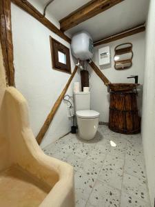 a bathroom with a toilet and a bath tub at Casutele de Poveste in Brădetu +18 photos