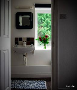 a bathroom with a sink and a window with a vase of flowers at CECAS at Myross Wood House in Leap