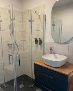 ein Badezimmer mit Waschbecken und Glasdusche in der Unterkunft Das Hartmanns in Pegnitz + 21 Fotos