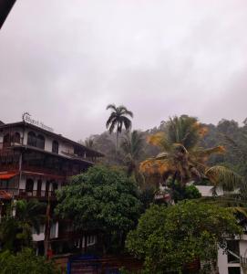 a building with palm trees in front of a mountain at Hotel Ameliya in Kandy