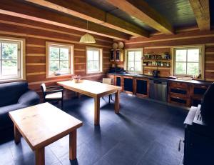 a kitchen with wooden walls and a table in a room at Roubenka Studánka in Studený