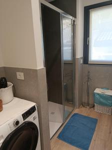 Una lavadora en un baño con ducha de cristal. en Casa Vacanze Da Anna, en Grosio