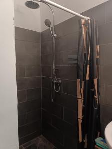 a bathroom with a shower with a black shower curtain at Le Tuléar - Aux 4 coins du monde in Saint-Pierre +52 photos