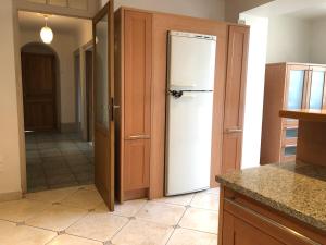 a kitchen with a white refrigerator next to a door at La Réserve in Reventin-Vaugris