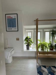 a bathroom with a toilet and a window with potted plants at The Cross Inn in Hebden Bridge +75 photos