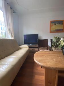 a living room with a couch and a table and a tv at Azure Horizon in Hannover
