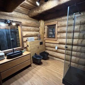 Un baño con dos lavabos y una ducha de cristal. en Zrub Kováčová, en Kováčová