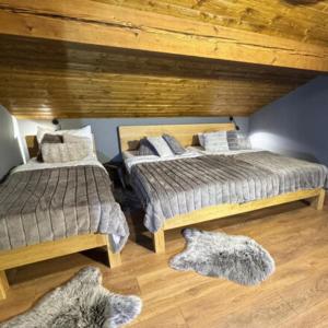 Un dormitorio con dos camas y un gato tirado en el suelo. en Zrub Kováčová, en Kováčová