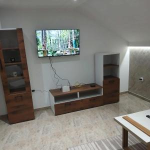 a living room with a tv on a white wall at Stan Na Dan in Velika Plana