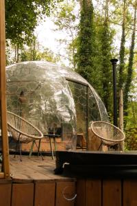 Una carpa de iguana de cristal en una terraza con dos sillas. en Dôme design by Out & Lodge, en Couvin