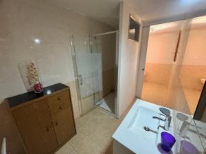 a bathroom with a shower and a white sink at Appartements Calvi in Calvi
