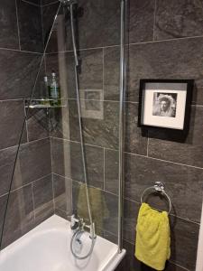 a bathroom with a shower and a white sink at Havisham House in Woburn +18 photos