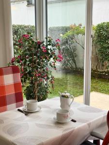 a table with two tea cups on a table with a window at Rétro - Parking - Wifi - Centre in Dax