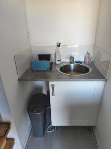 a small bathroom with a sink and a trash can at studio indépendant in Salles-la-Source +20 photos