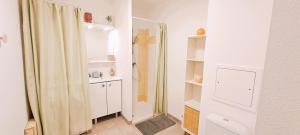 a bathroom with a shower and a shower curtain at Sérénité à l'Orée des bois in Le Teich +35 photos