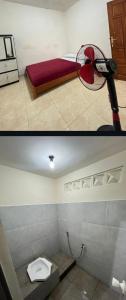 two pictures of a bathroom with a bed and a toilet at Ijen adventure house in Ketapang