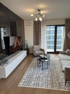 a living room with a couch and a fireplace at Belgrade Waterfront Sky & River View Residences in Belgrade